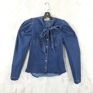 Denim Tie Neck Blouse Puff Sleeve Button Down Stretch Top Women's Size S Western
